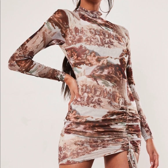 Brown Renaissance Print Mesh High Neck 